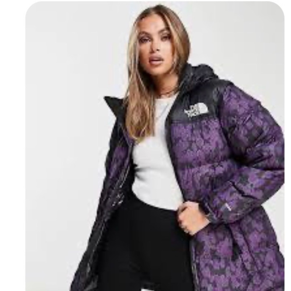 The North Face Purple and Black Hooded Jacket Nuptse belted mid